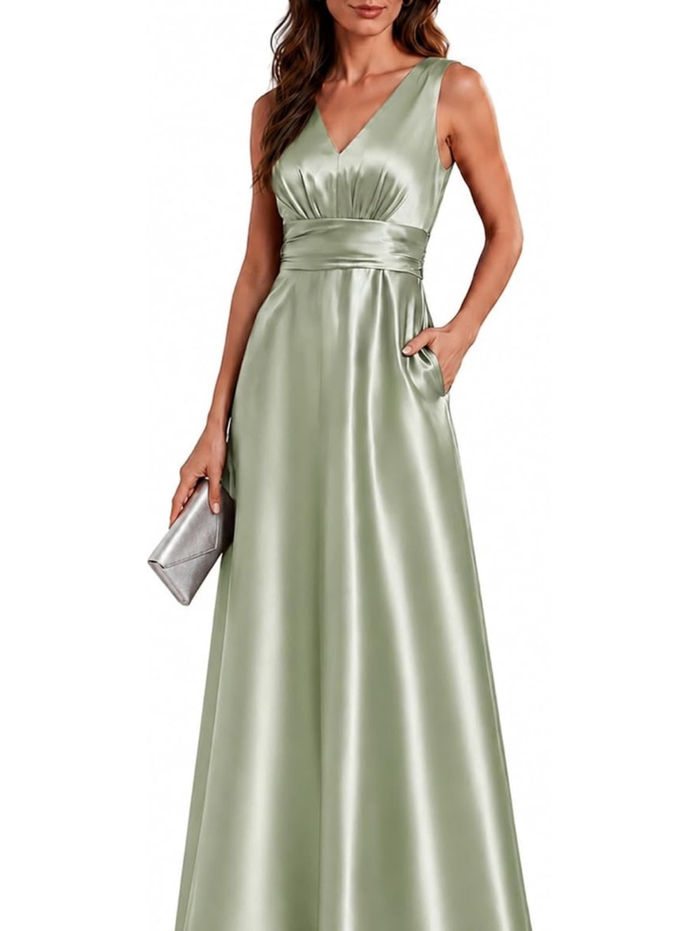 Ever Pretty Light Sage Green Satin V-Neck Maxi Gown